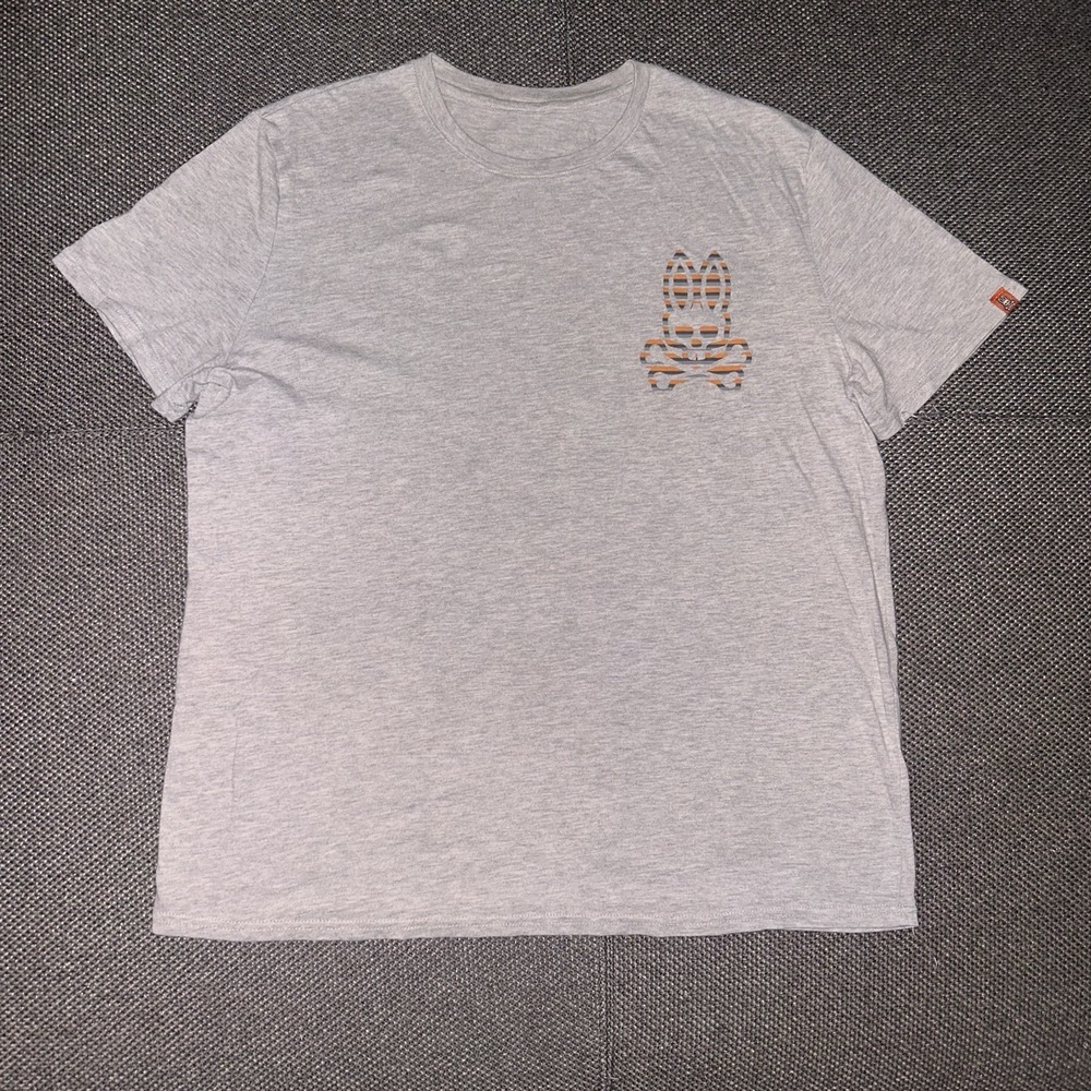 Psycho Bunny Gray Short Sleeve T Shirt with Orange Bunny Logo Mens Size Large L